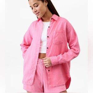 Athleta Pink Button-Up Shirt and Shorts Set